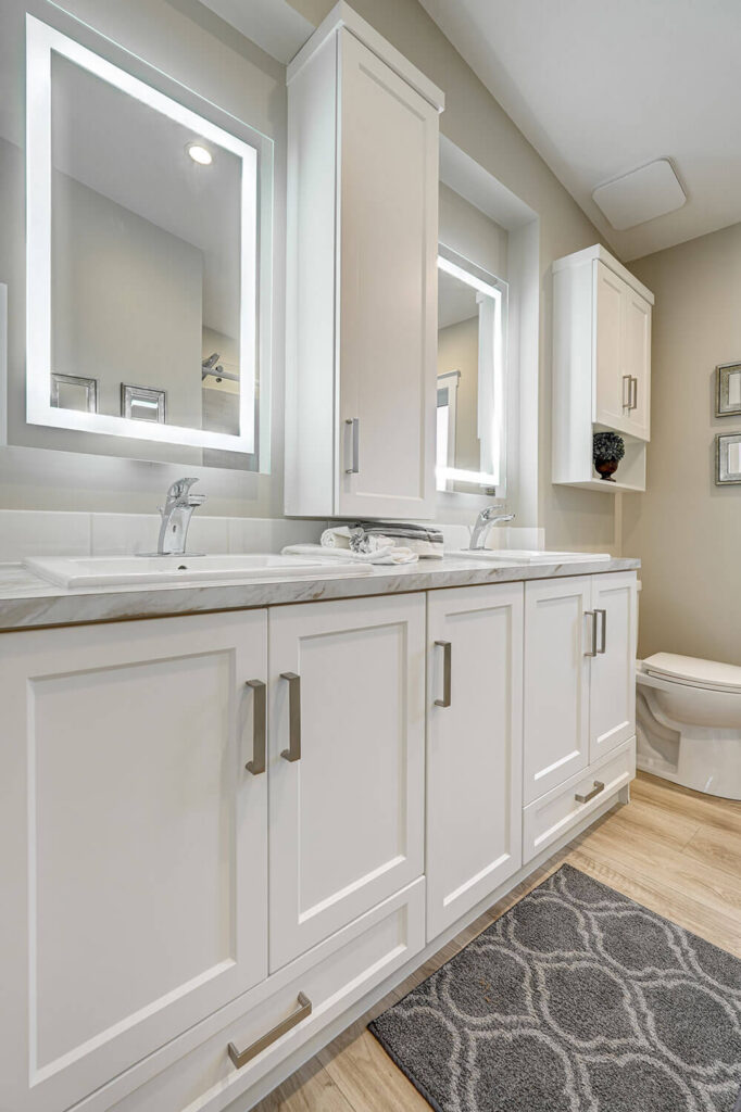 Elegant double vanity with framed mirrors