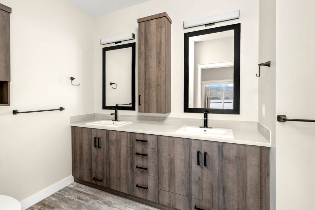 Bathroom with modern fixtures and bright lighting